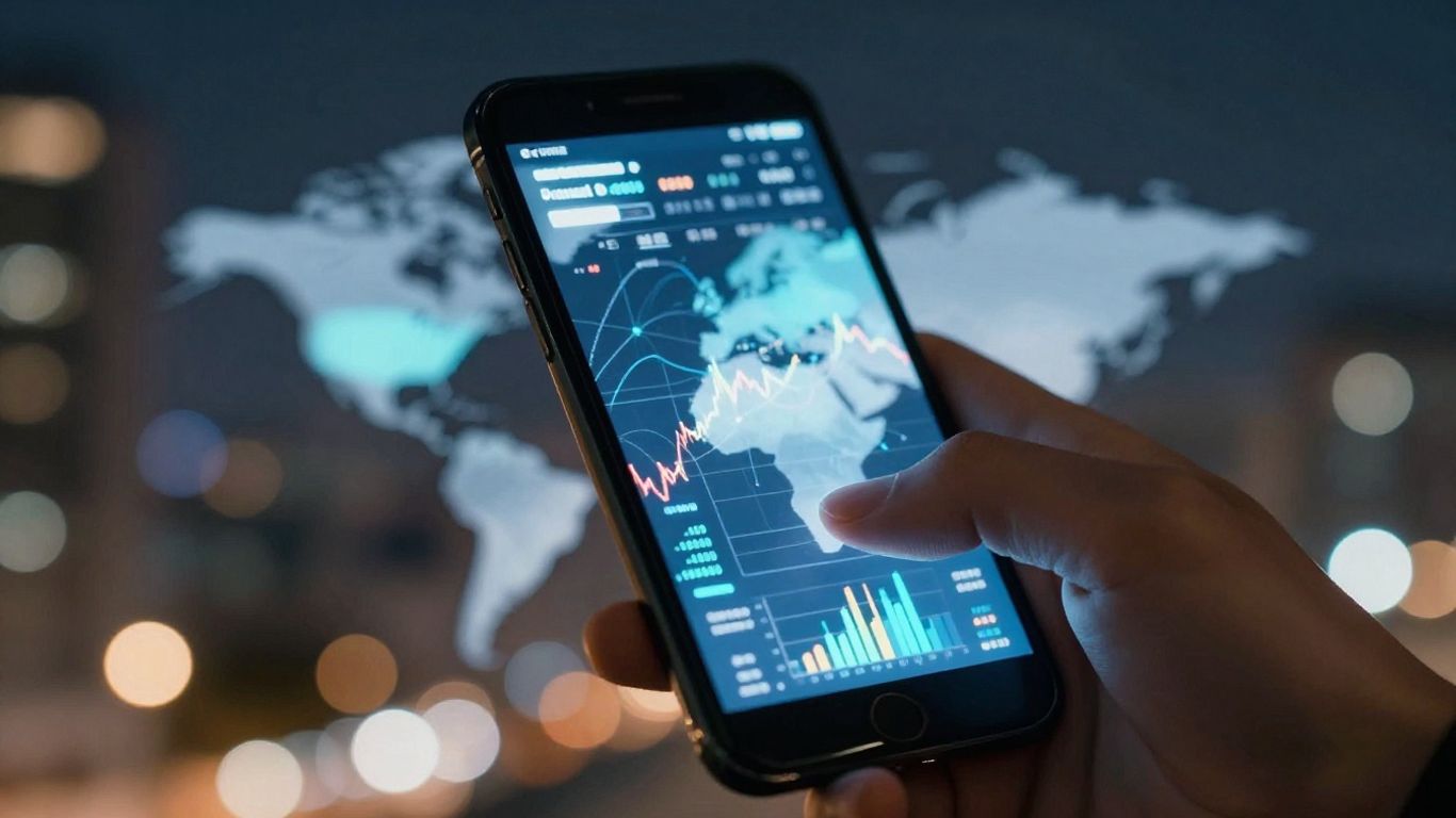 Forex trading on a smartphone with city lights background.