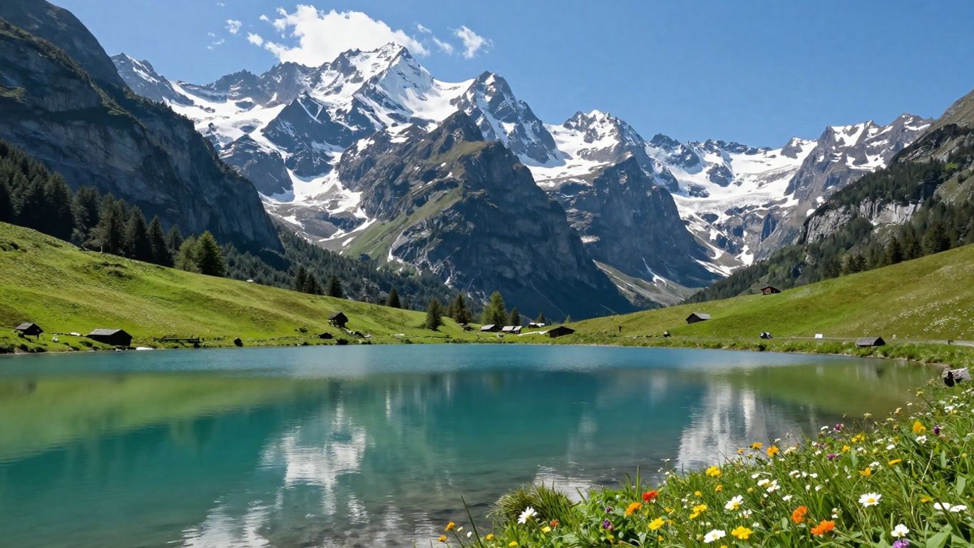 Türkiser See mit Alpenpanorama und grünen Wiesen.