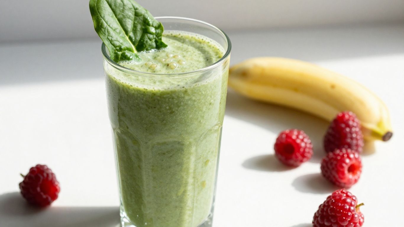 Healthy breakfast smoothie with fruits and greens.