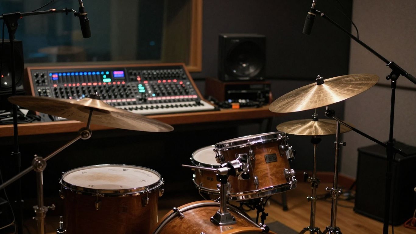 Drum kit and mixing console in a studio.