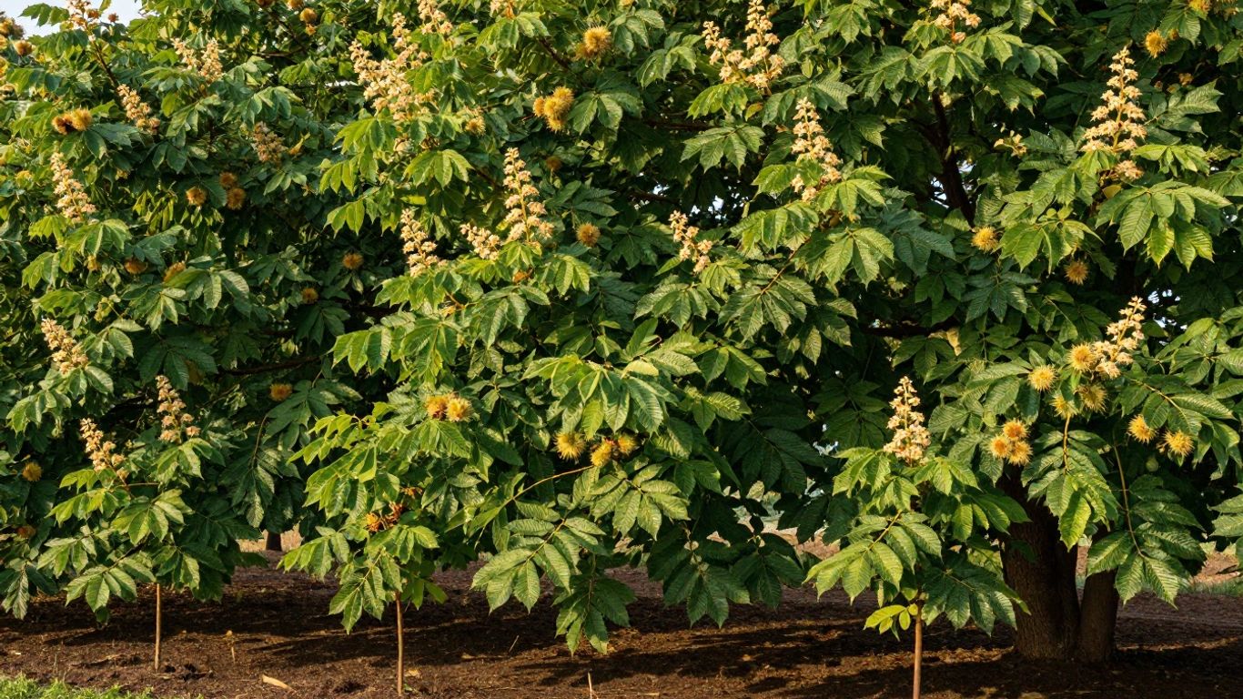 Castanheiros jovens e maduros em um pomar ensolarado.