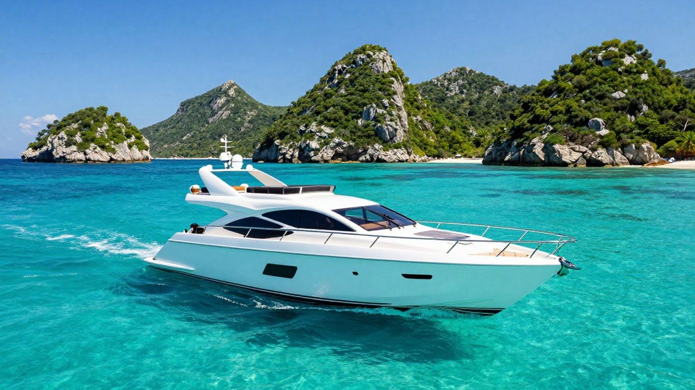 Luxury yacht sailing in Croatia's turquoise waters near islands.