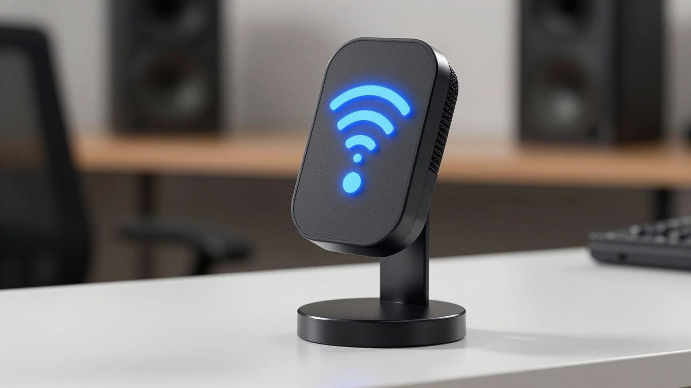 Wi-Fi controlled microphone mount on a desk.