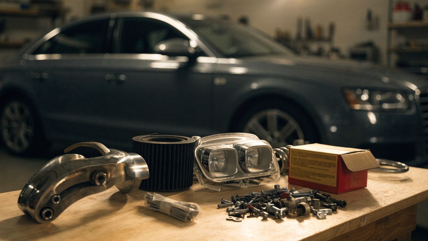 Audi parts arranged for comparison on a clean workshop bench