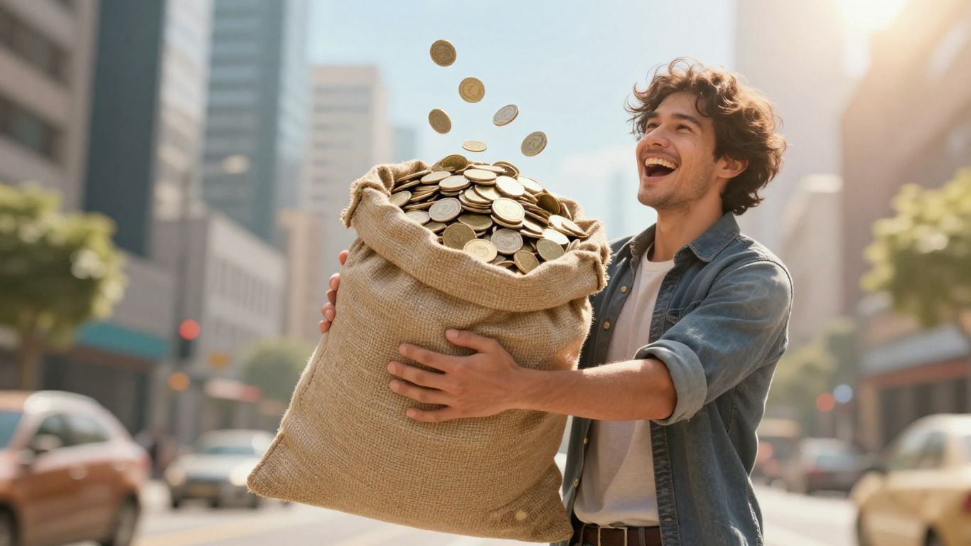 Person holding a sack overflowing with coins, symbolizing savings.