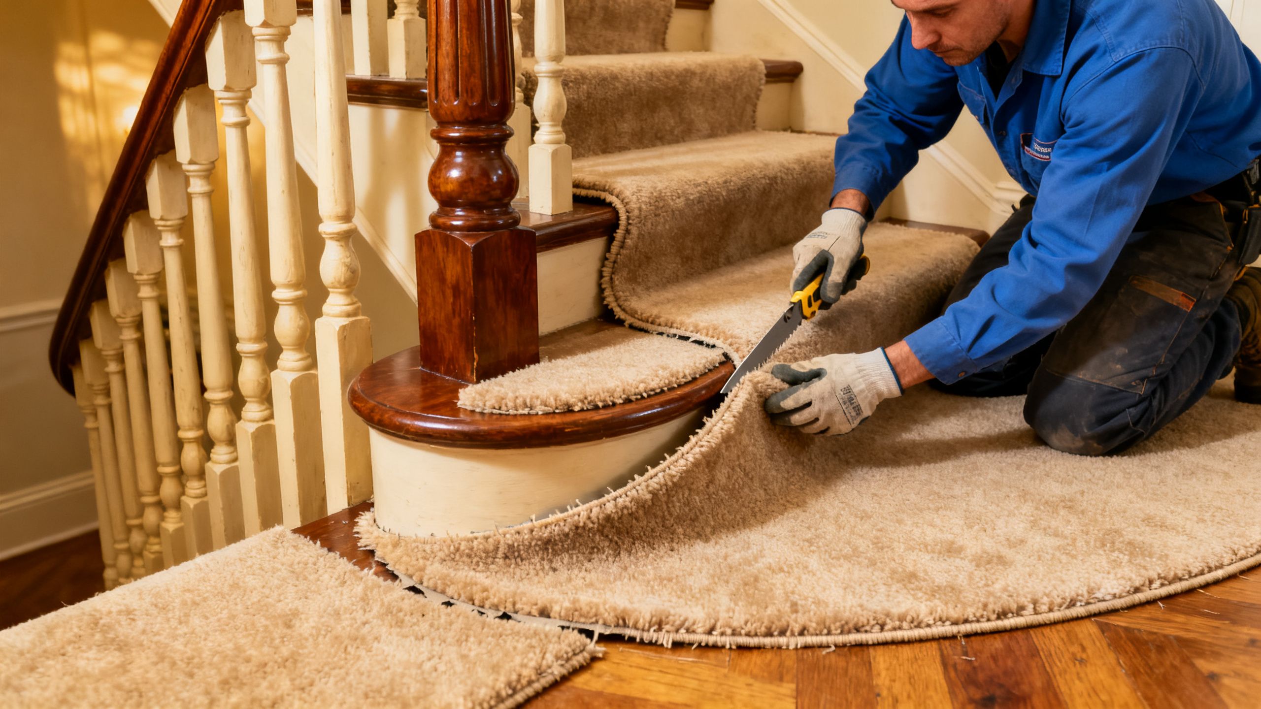 Carpet fitter carefully cutting and fitting carpet around the winders of a Victorian Bristol staircase
