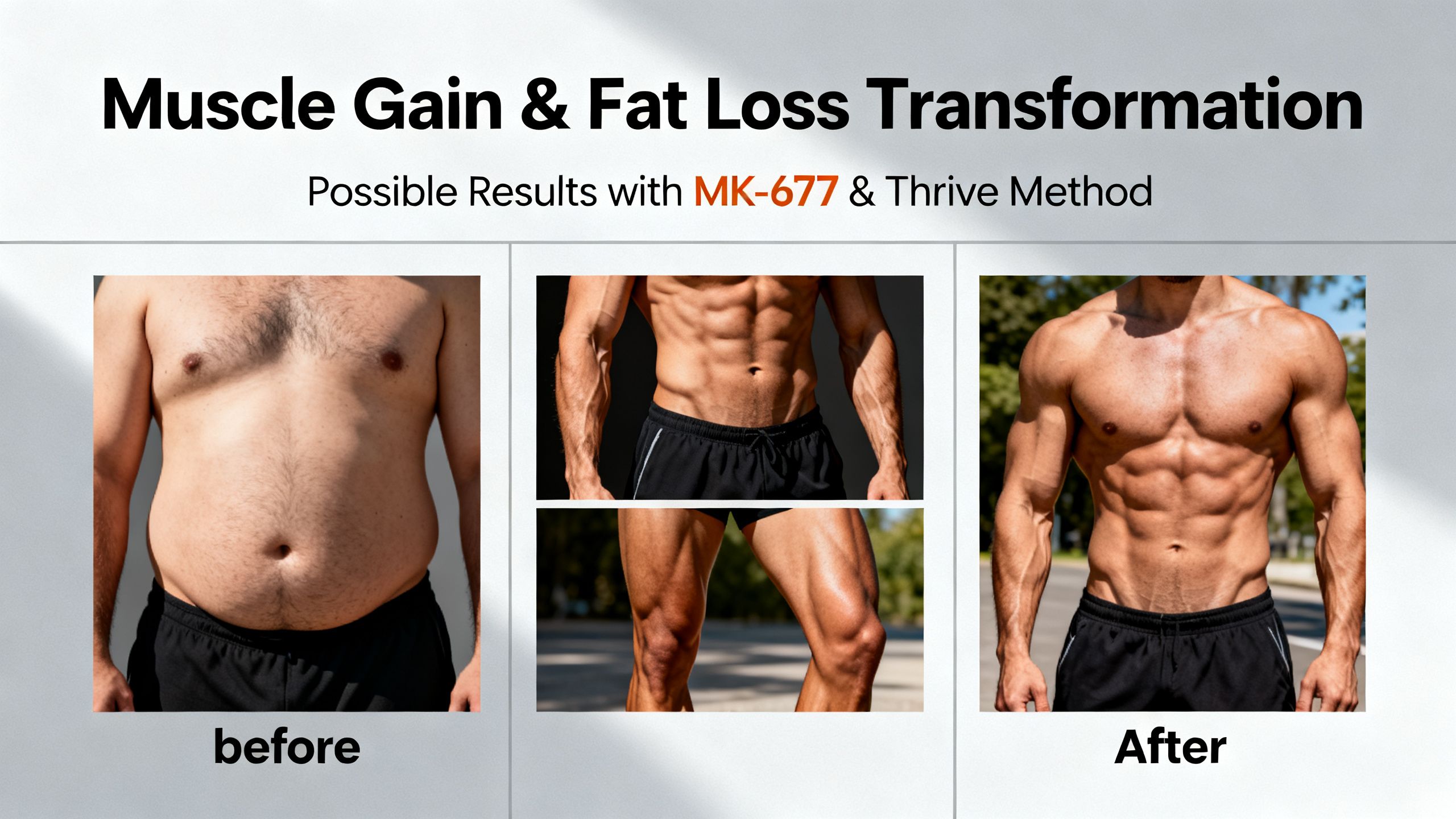 A transformation photo collage showing increased muscle and fat loss as a possible result of MK-677 and Thrive Method