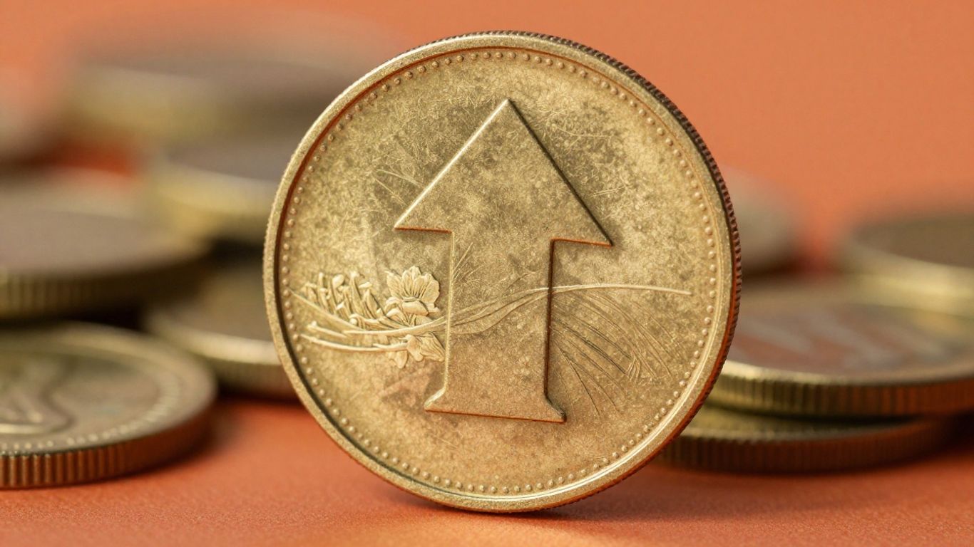 Golden coin with upward arrow, symbolizing profit growth.