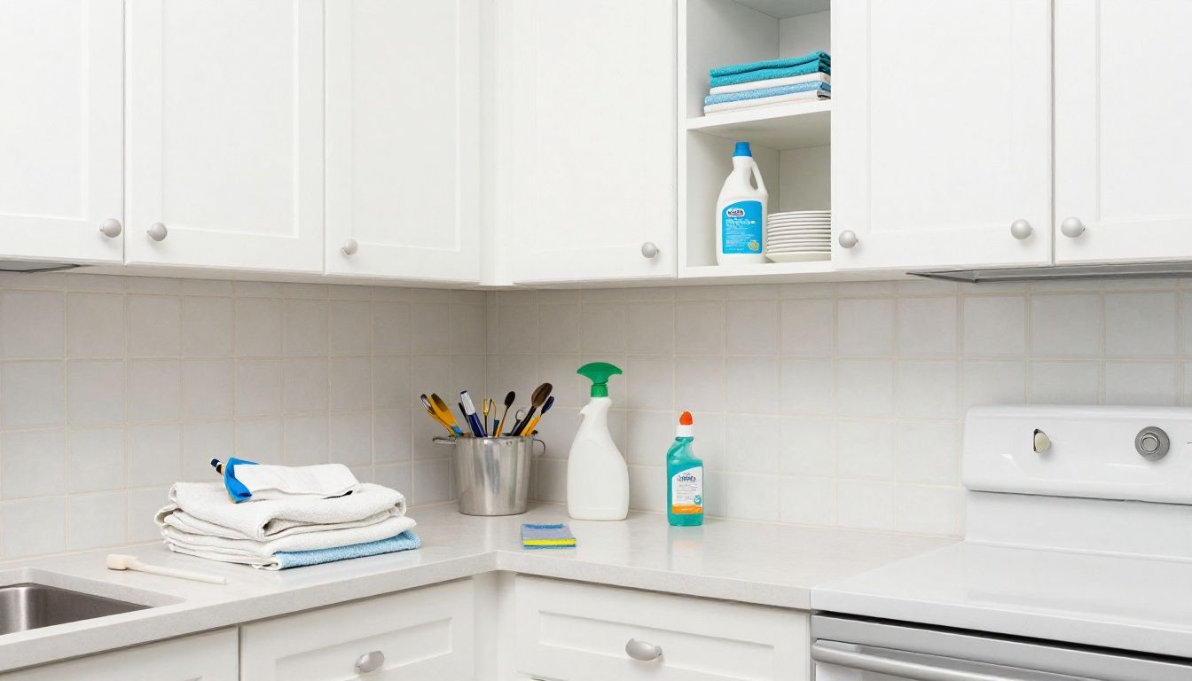 Detailed move-in cleaning of a kitchen and bathroom in Roselle, Illinois, showing sanitized counters, spotless cabinets, clean tile, and organized supplies