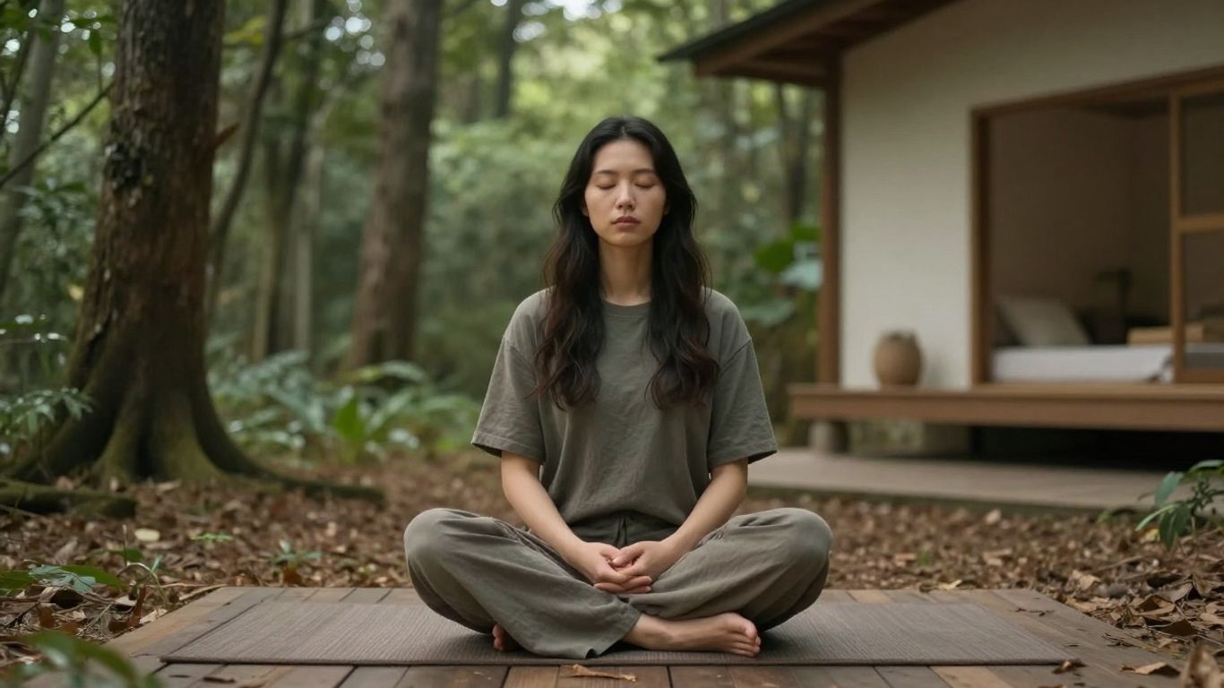 Person meditating in a peaceful, uncluttered environment.