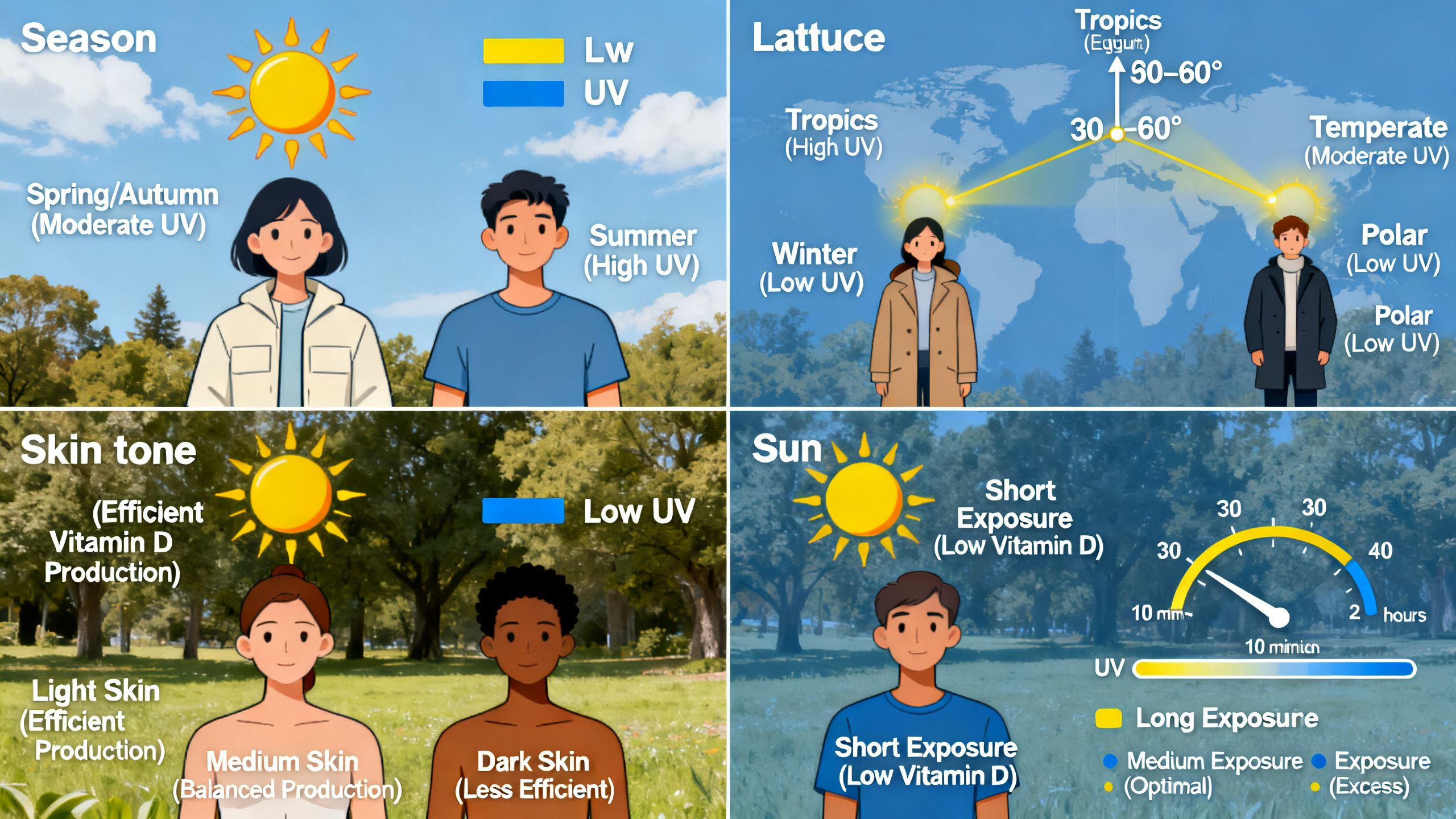 An outdoor scene illustrating seasonal sunlight, latitude, skin tone, and sun exposure as factors that can affect vitamin D levels