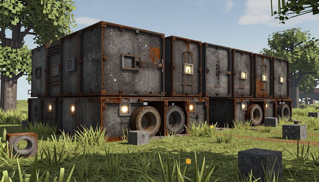 Base estratégica construída com reforços de aço e iluminação noturna, representando um forte impenetrável no Rust