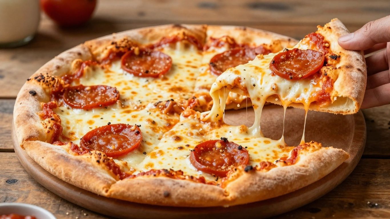 Delicious deep dish pizza delivery with melted cheese and sauce.