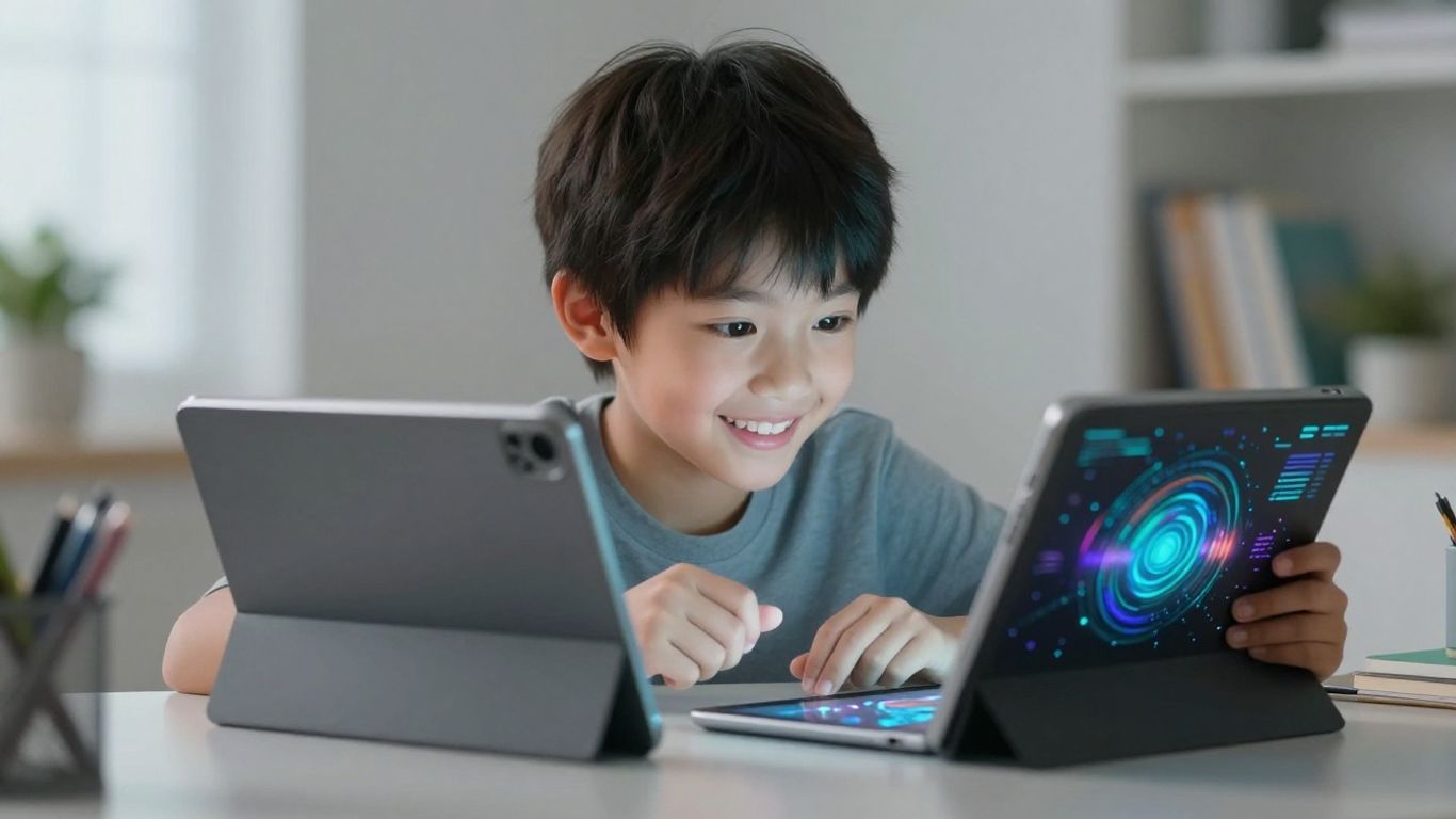 Student using AI study companion on a tablet.