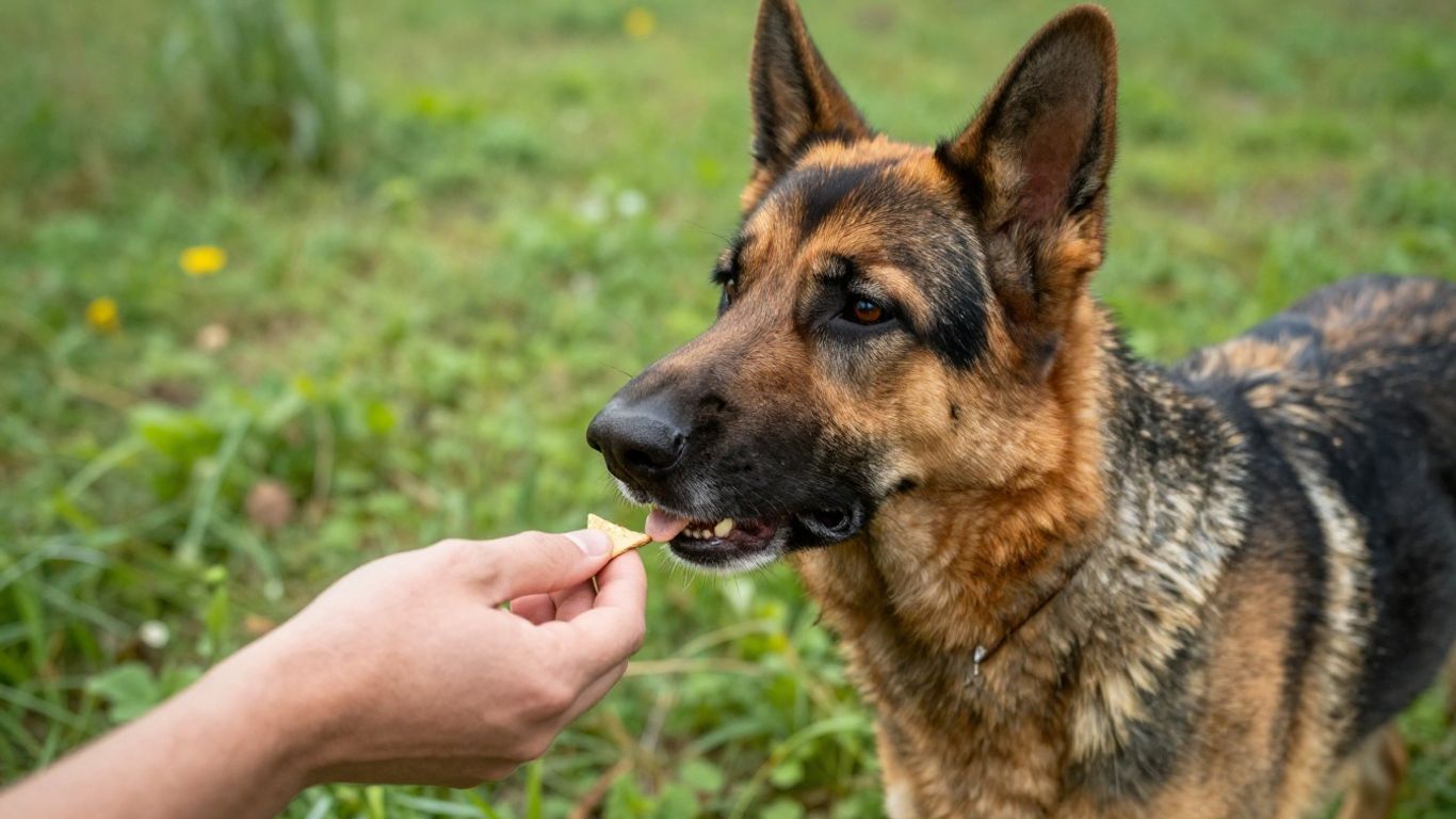 Dog calmly taking a treat from handler outdoors.