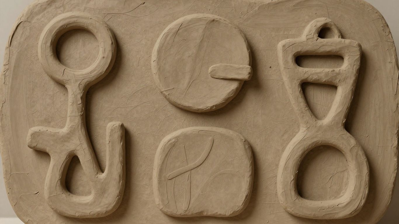 Clay sculpture with abstract shapes and textures.