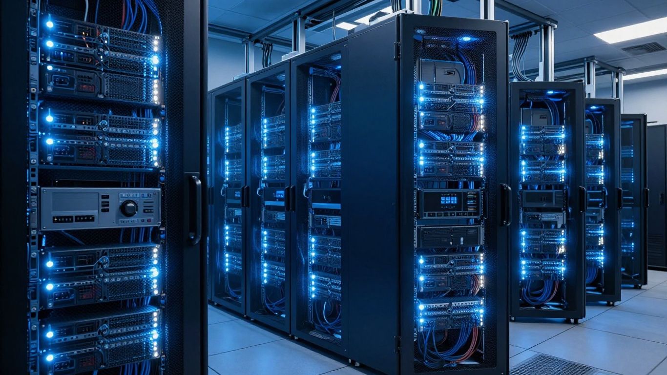Modern data center with glowing servers and cables.