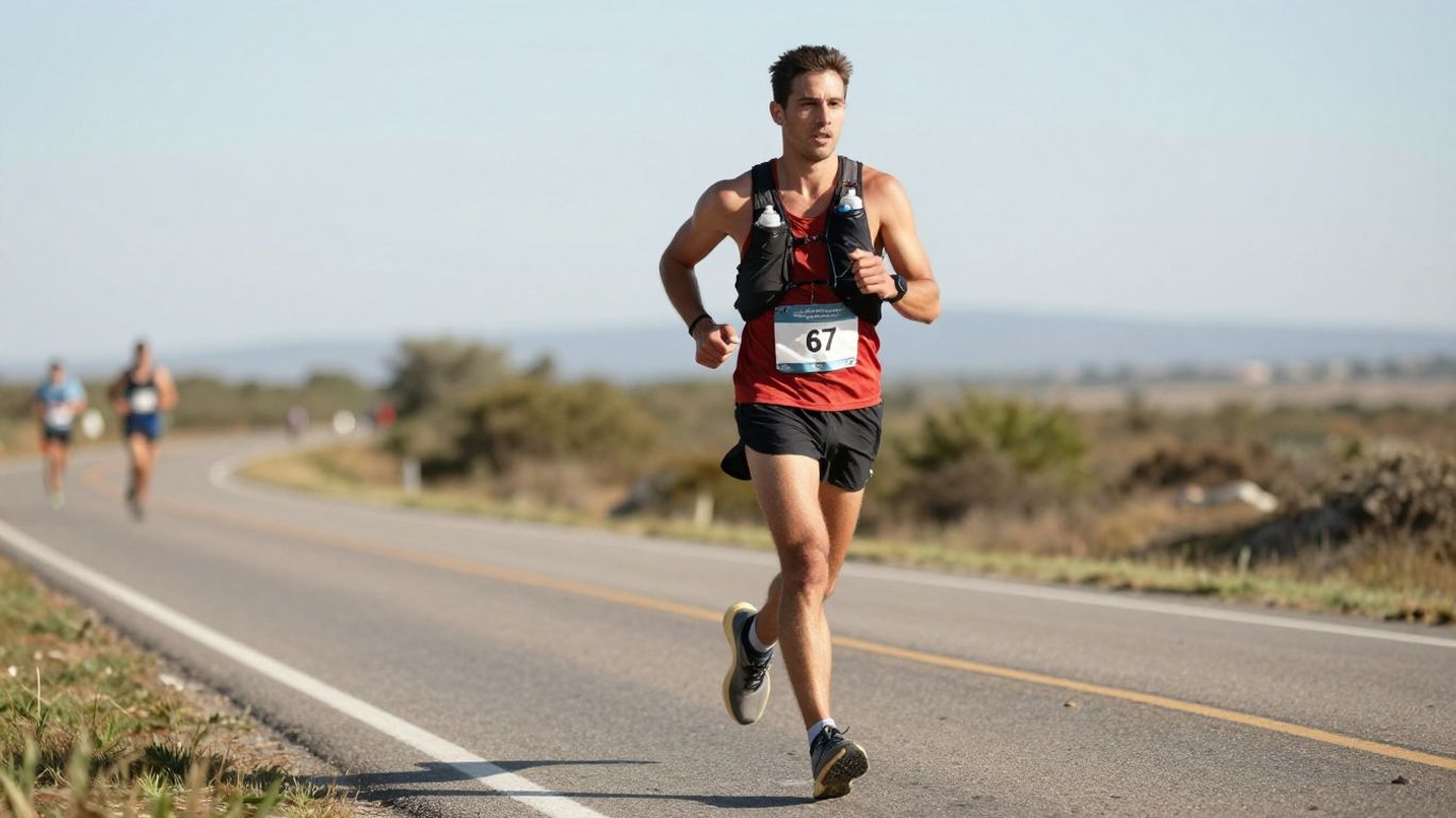 Runner on a marathon course, focused and determined.