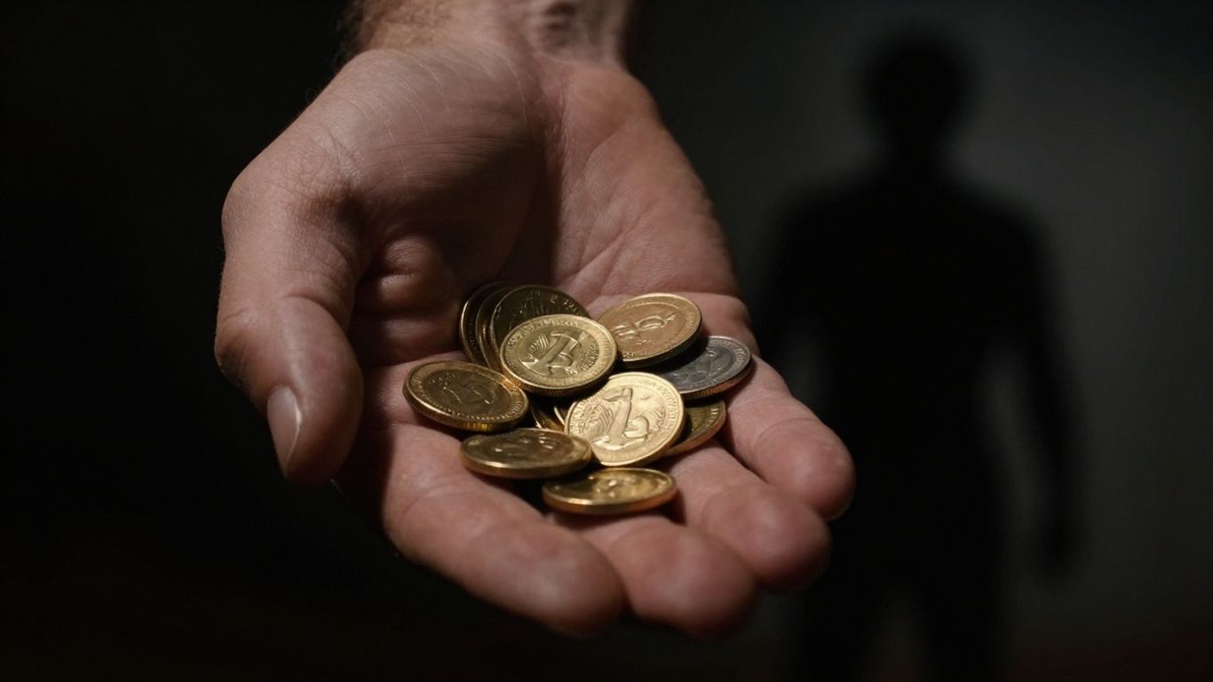 一只手拿着金币，仿佛在控诉，投下一道阴森的阴影。