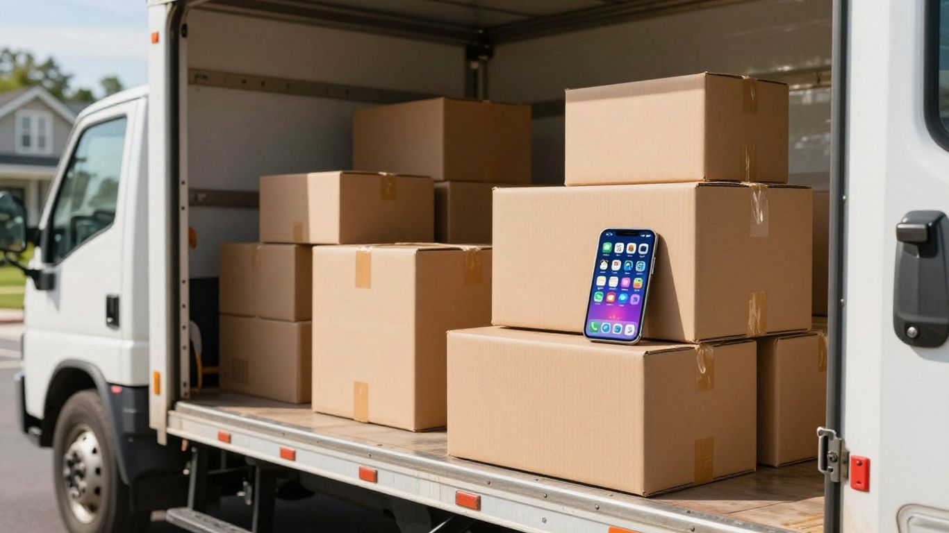 Moving truck loaded with boxes and a smartphone with apps.