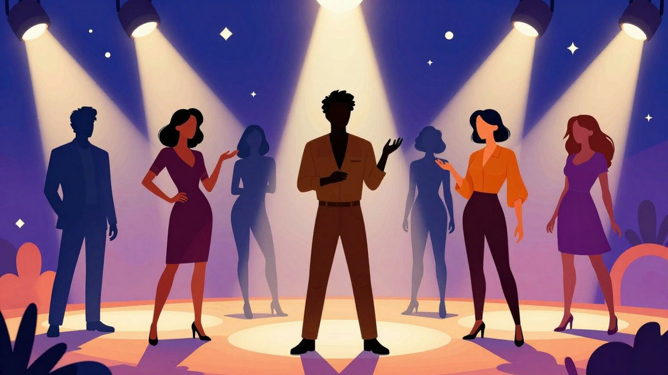 Celebrity silhouettes with spotlights and abstract shapes.