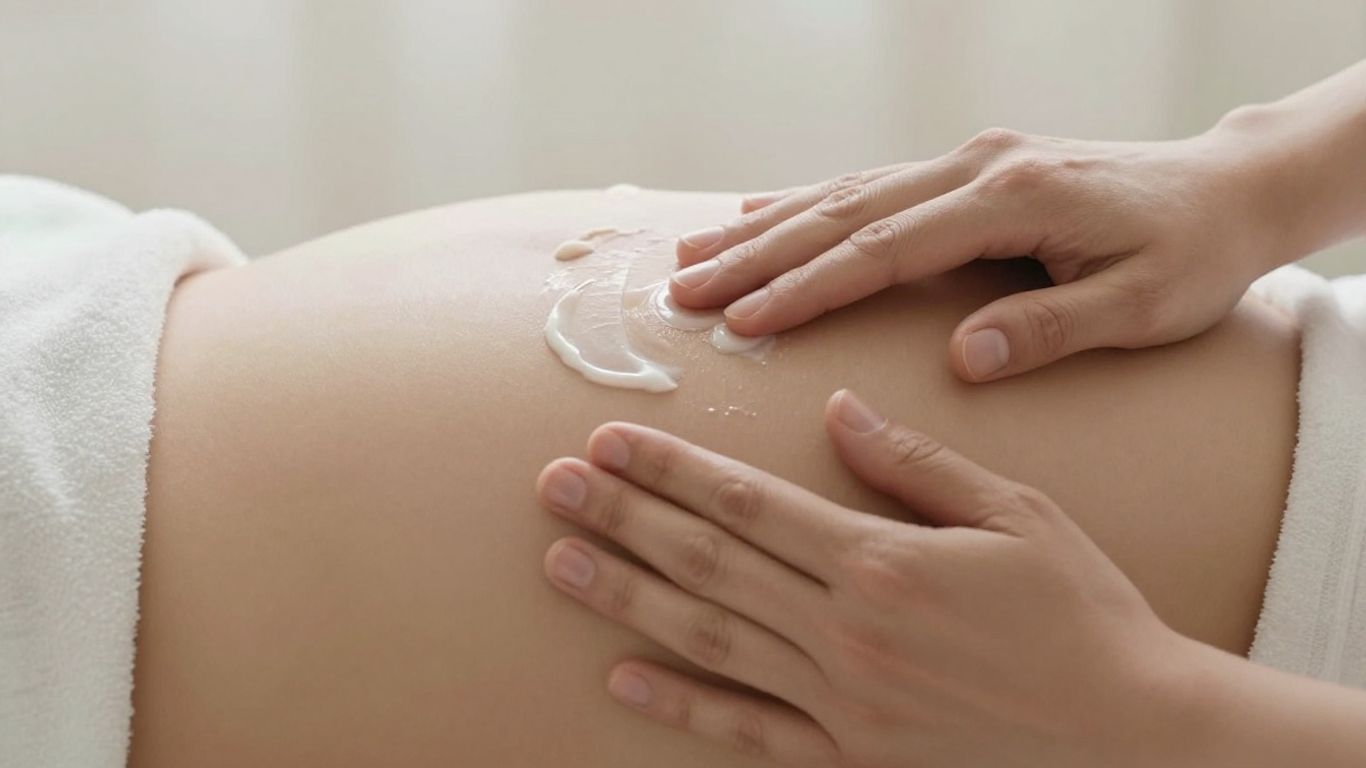 Mujer embarazada aplicando crema en su abdomen.