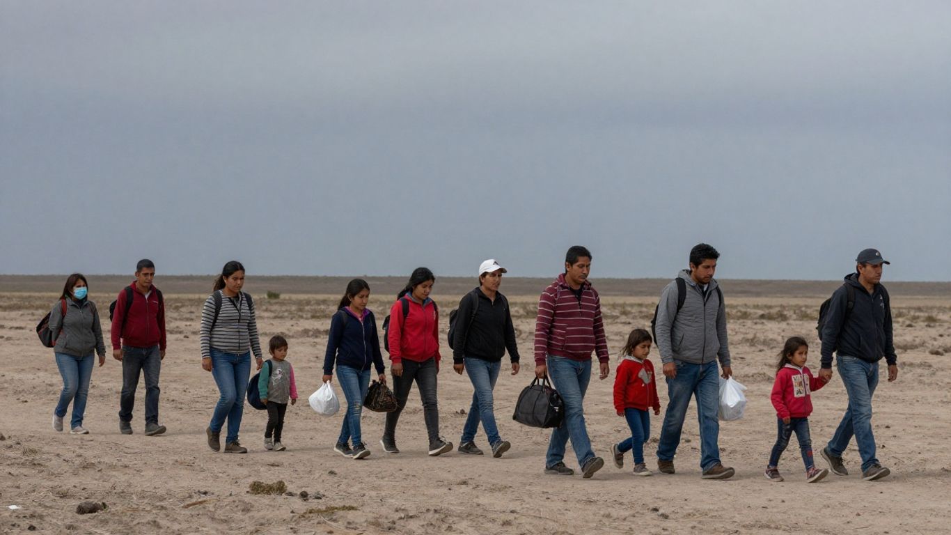 Refugiați traversând un peisaj vast spre un viitor incert.