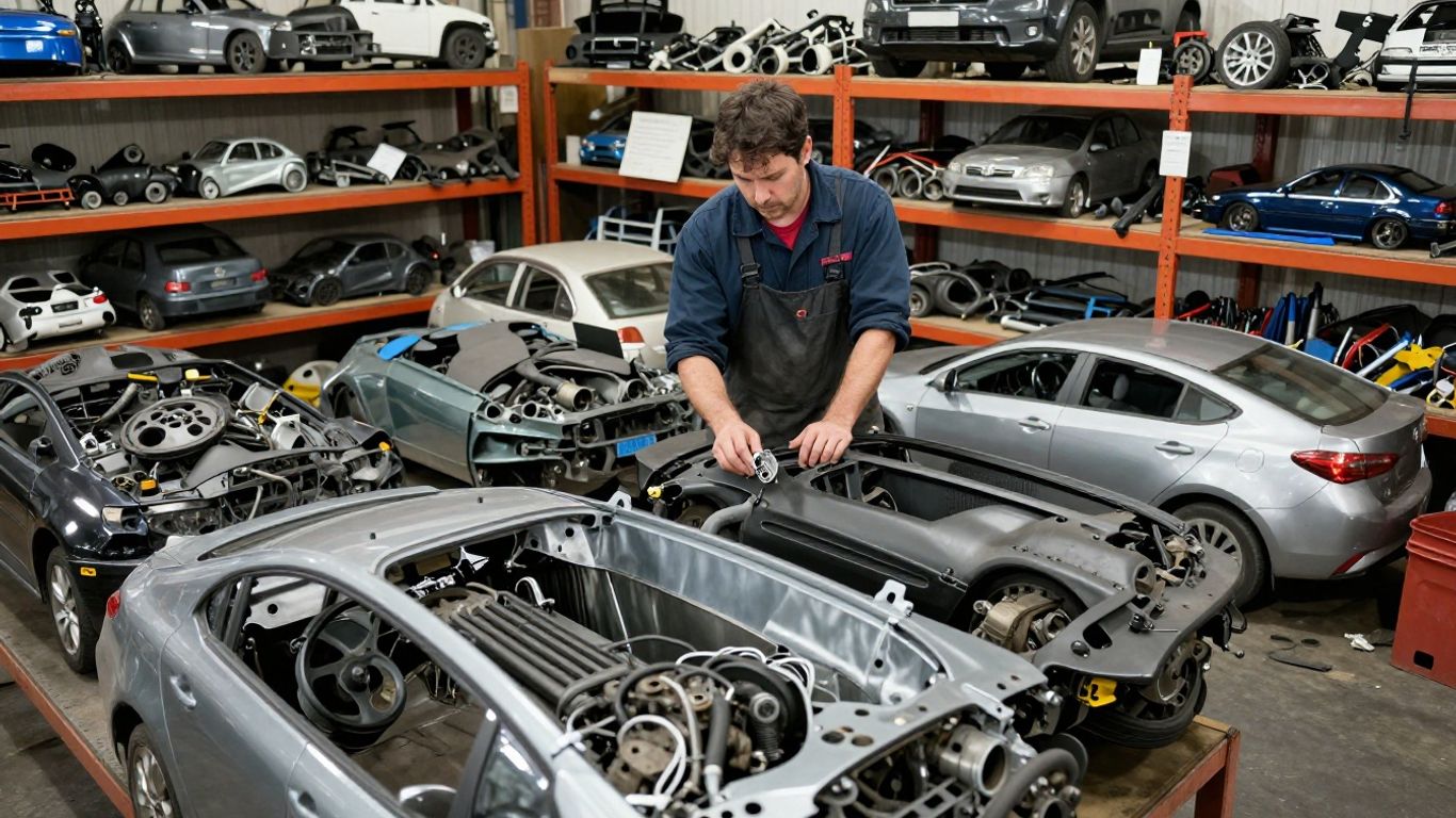 Mechanic examining Toyota parts at Newcastle scrapyard