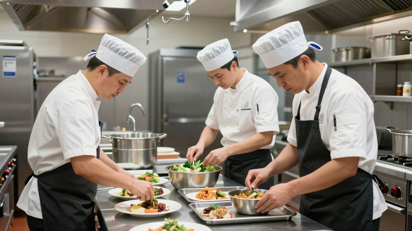 Chefs preparing food in a clean UK commercial kitchen