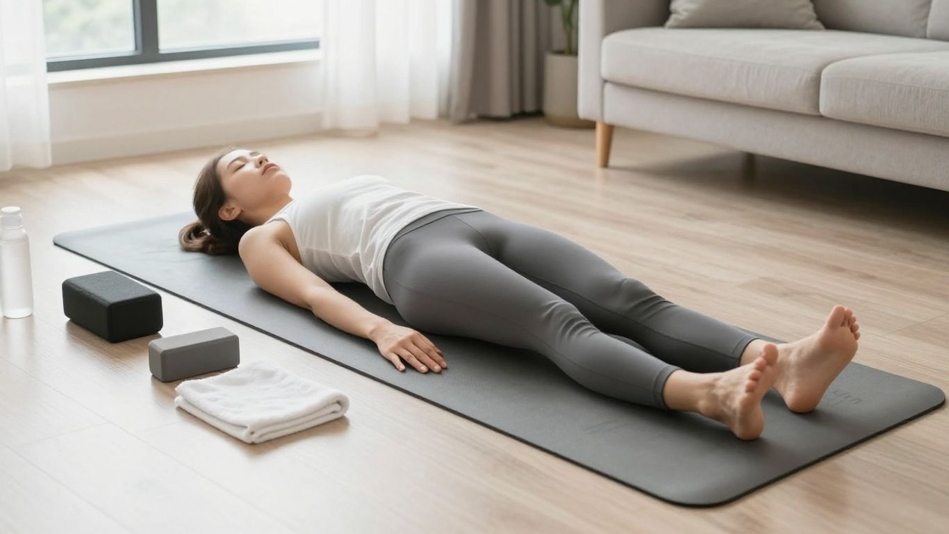 Beginner practicing yoga beside travel gear