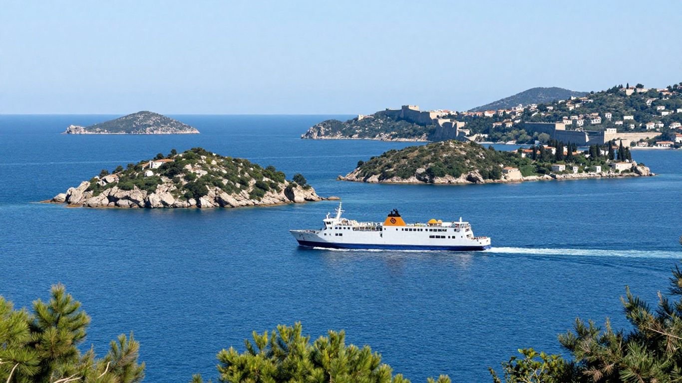 Ferry sailing from Brac Island towards Dubrovnik's city walls.