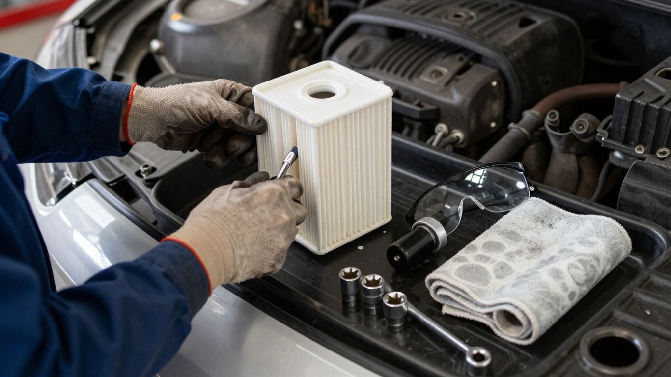 Mechanic preparing tools for fuel filter service