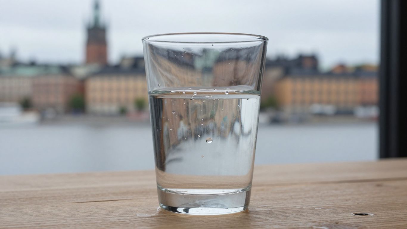 Vattenkanna och glas med Stockholm i bakgrunden.