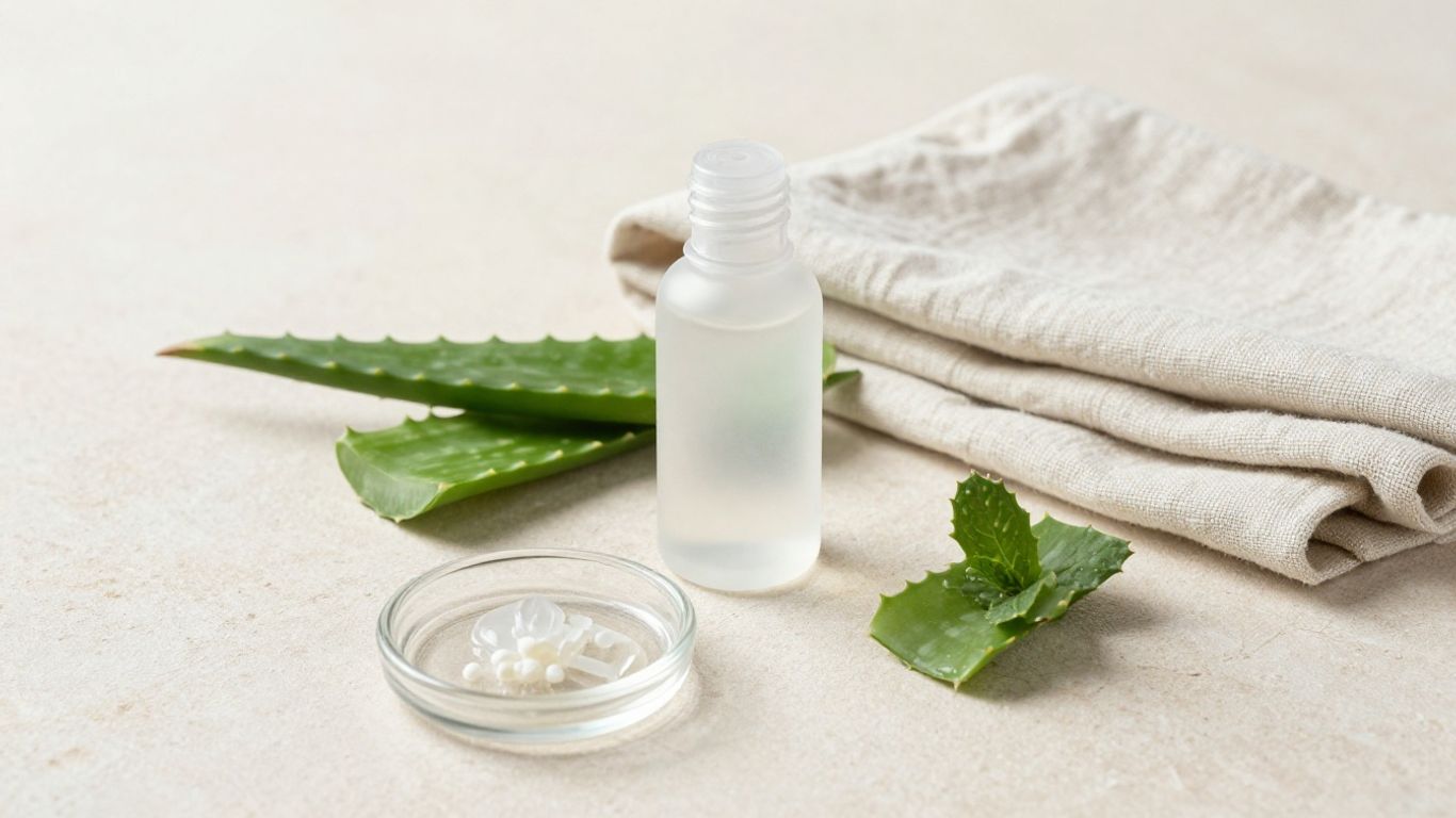 Minimal skincare ingredients and lubricant bottle