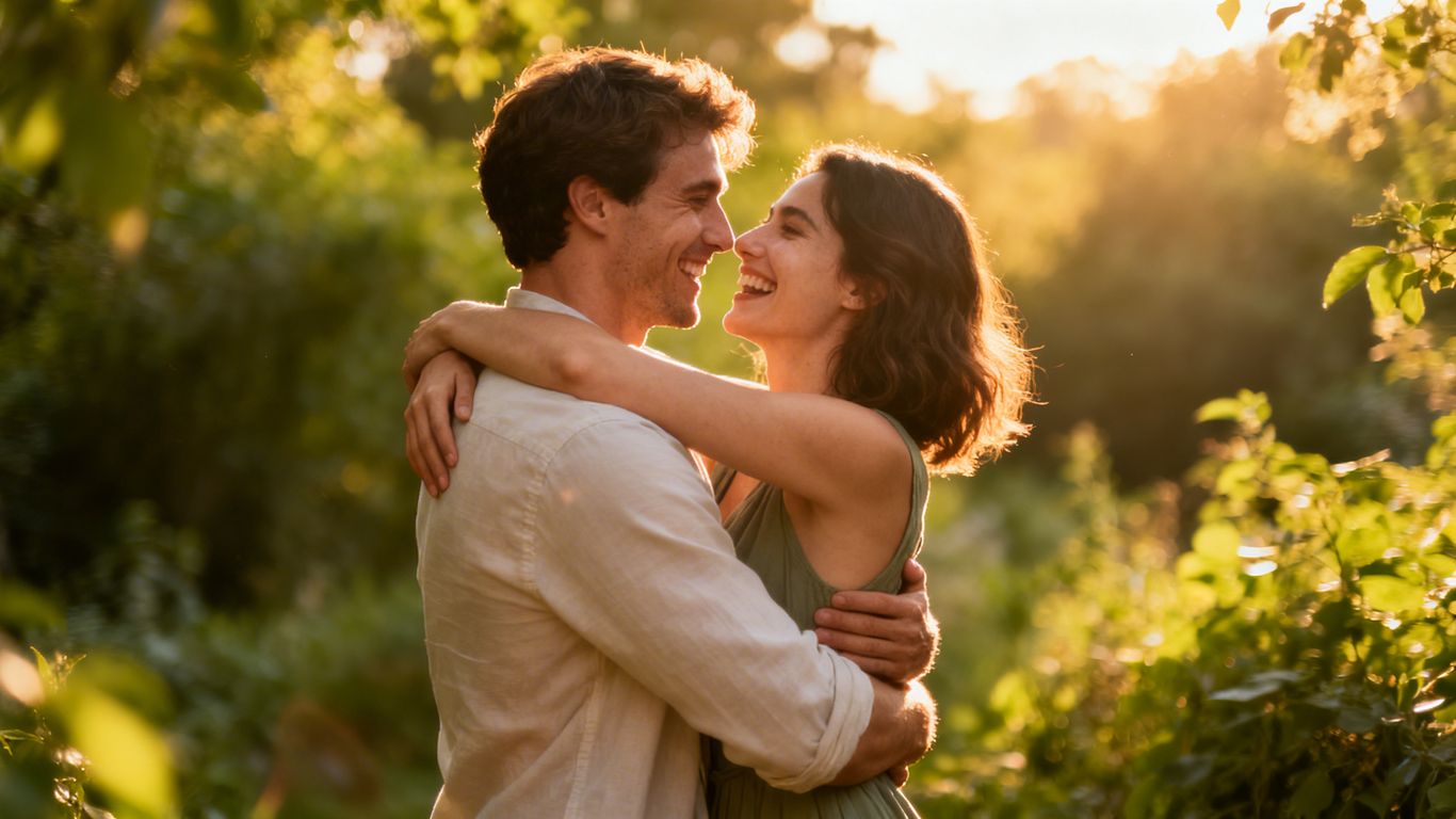 Couple embracing in a sunlit, green outdoor setting.