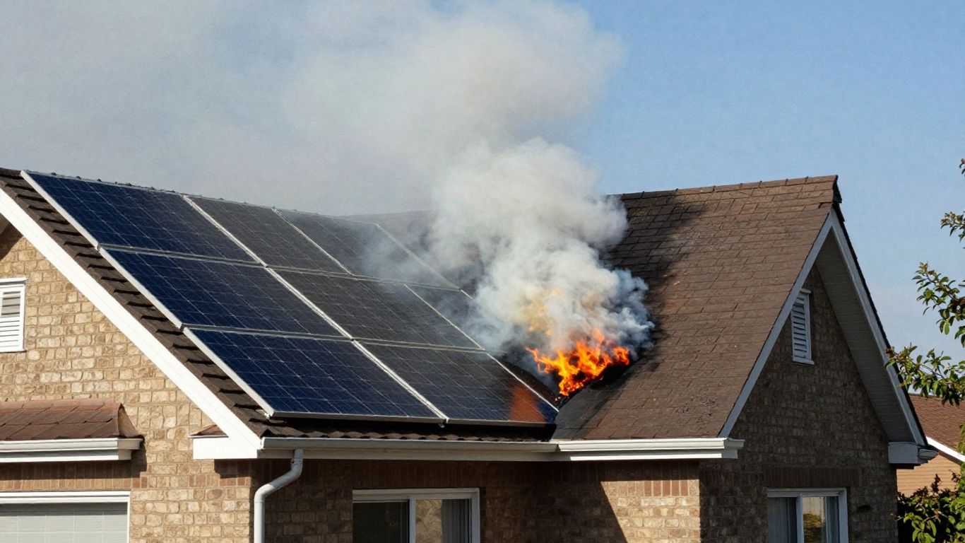 House fire with solar panels, smoke rising.