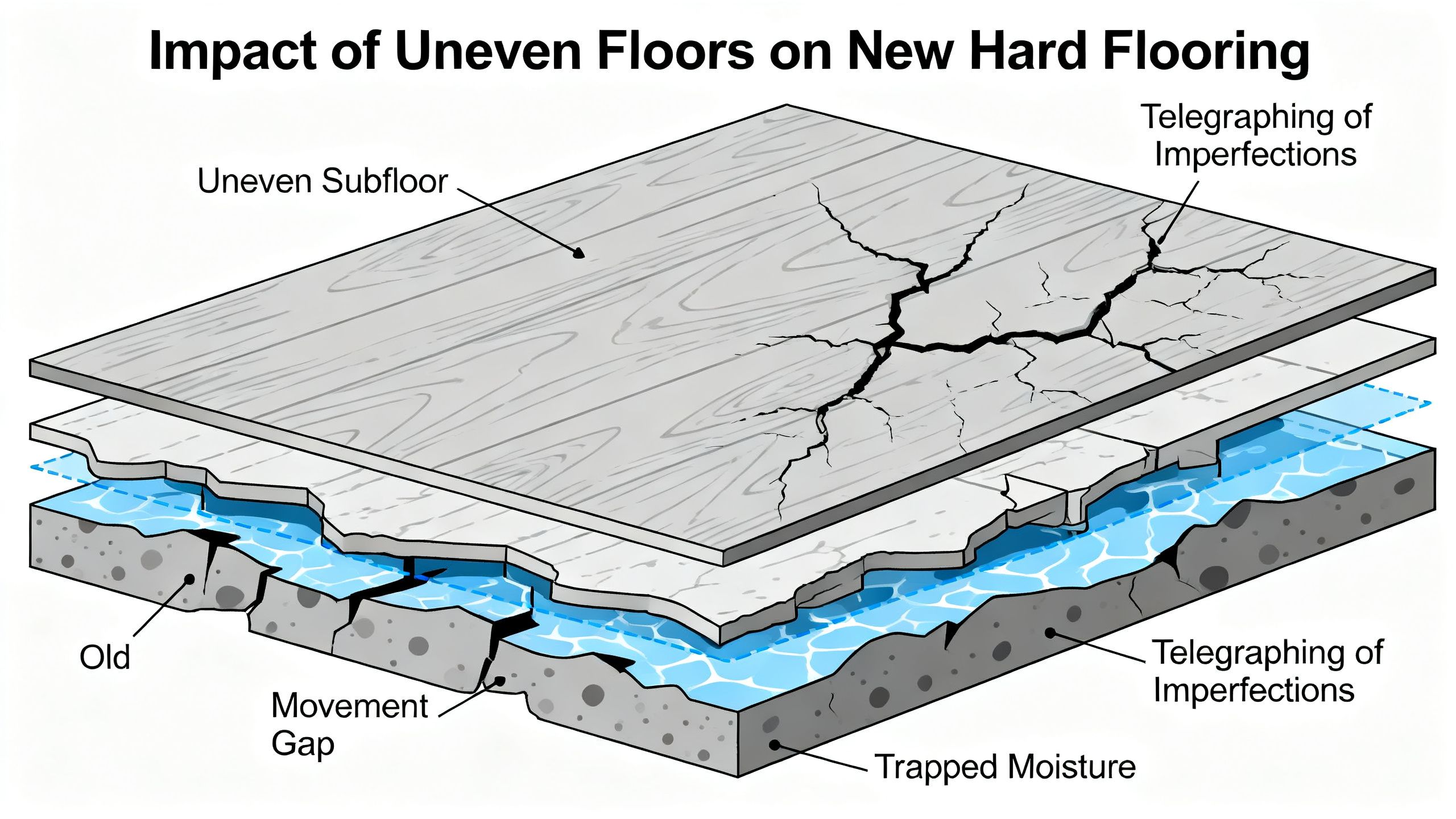 Cross-section illustration showing why laying a new hard floor over an uneven or floating floor can cause movement, telegraphing and trapped moisture
