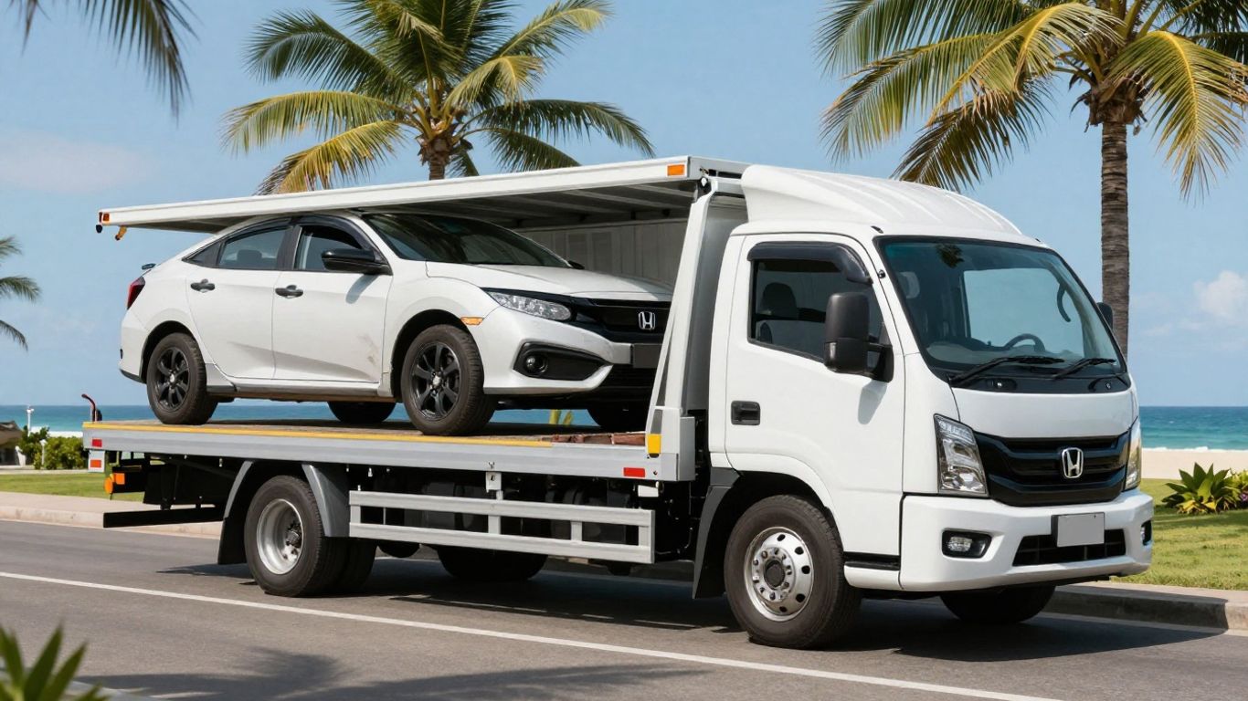 Honda wrecker towing a damaged Honda Civic.