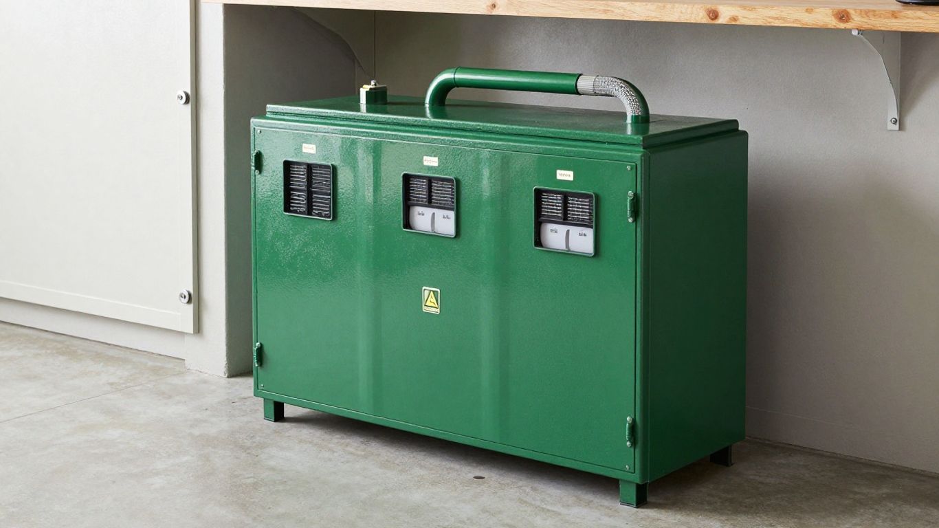 Home battery cabinet beside Australian garage