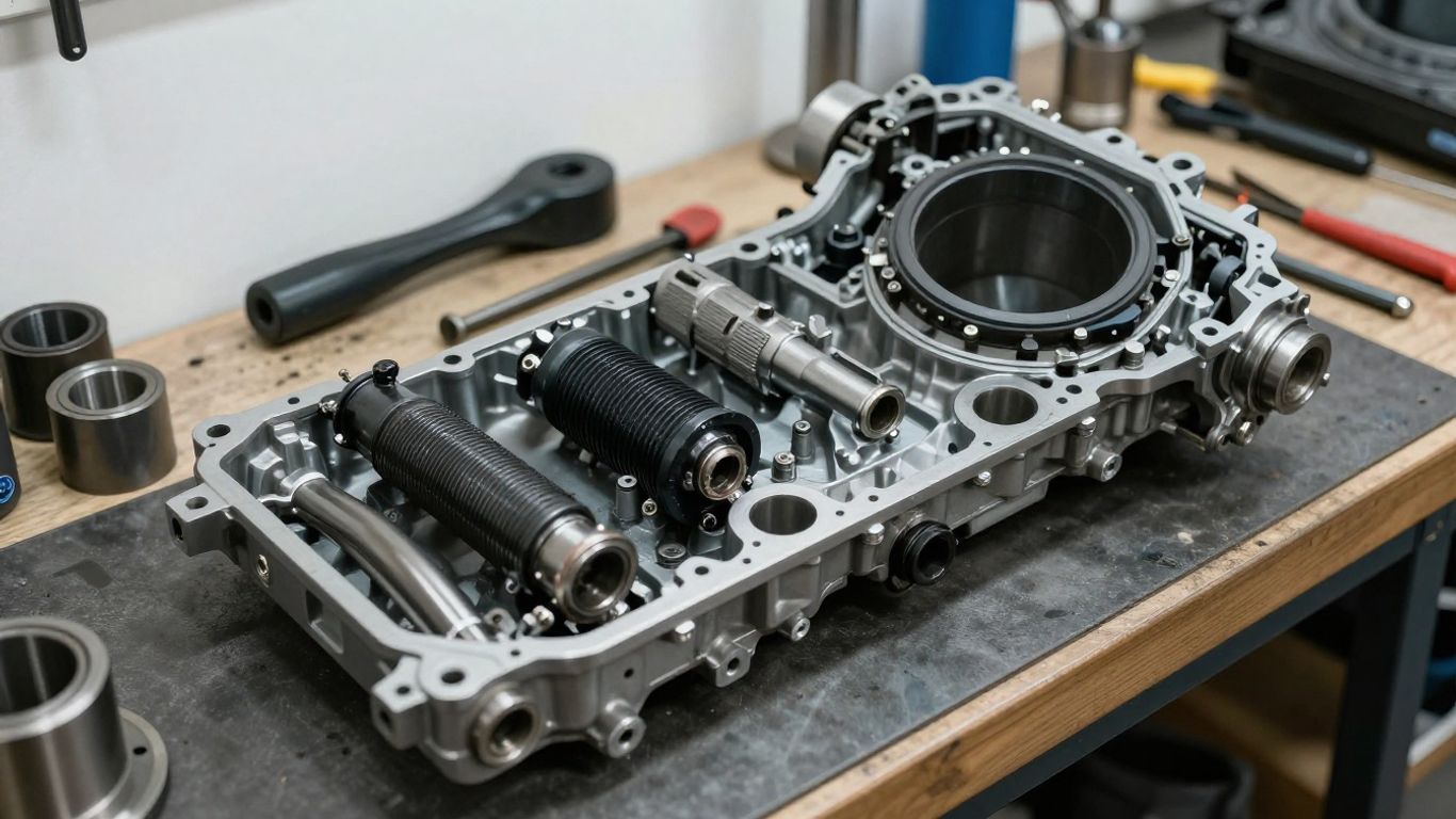 European gearbox parts in a workshop