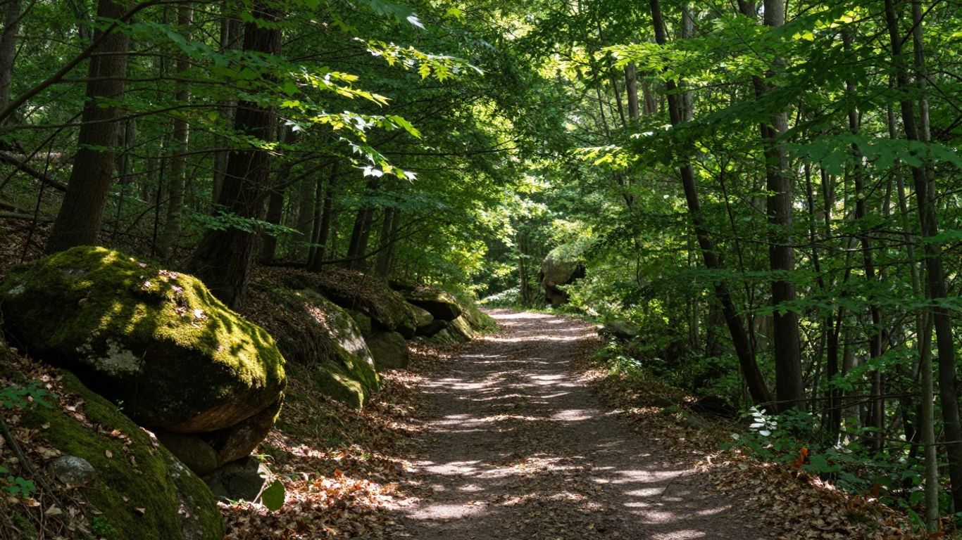 Bospad in Zuid-Limburg met zonlicht door de bomen.