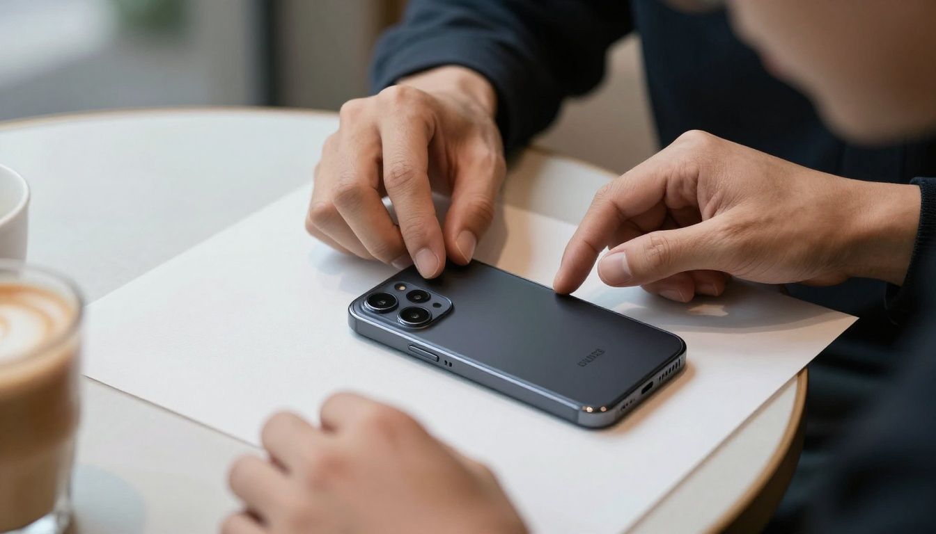 A person sitting at a modern cafe table, carefully fitting a sleek, minimalist case onto their new Samsung Galaxy S25 FE.