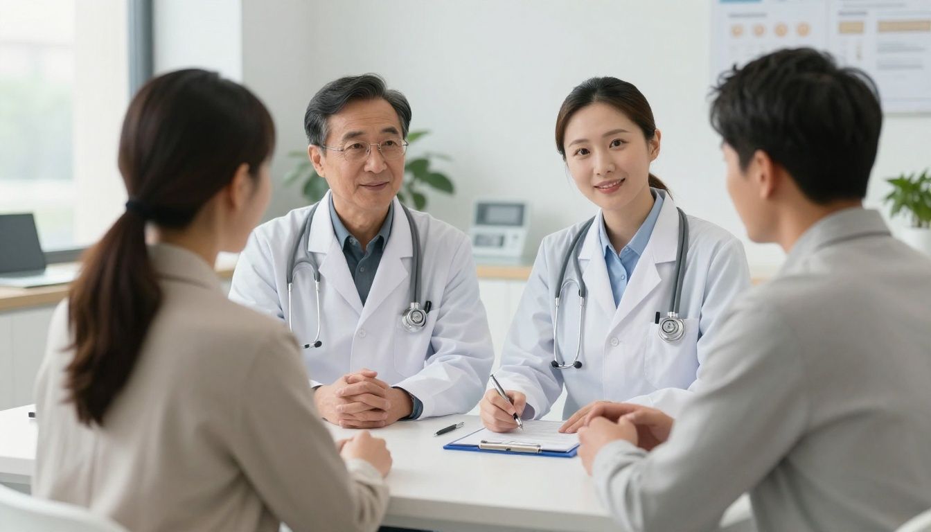 A professional healthcare provider in an upscale, modern clinic setting discussing diagnostic results with a confident adult male patient
