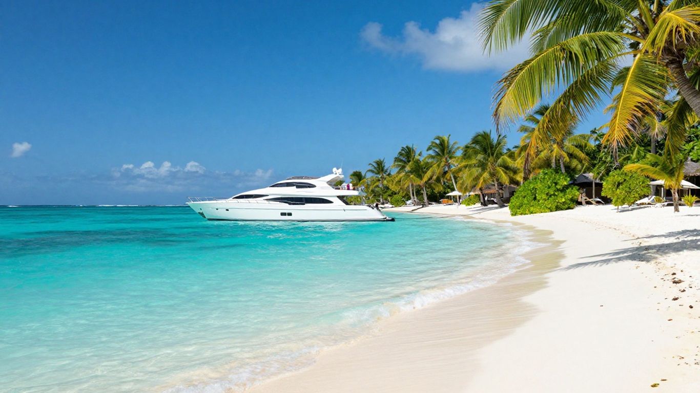 Luxury yacht sailing in clear turquoise Bahamian waters.