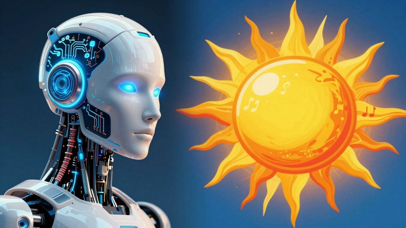 AI robot head versus abstract sun with musical notes.