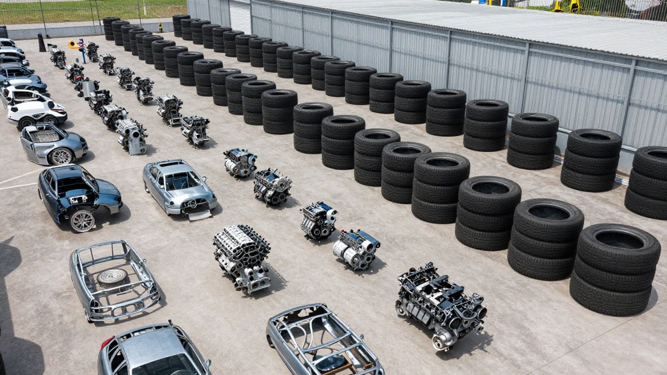 A professional auto dismantling yard with organized car parts