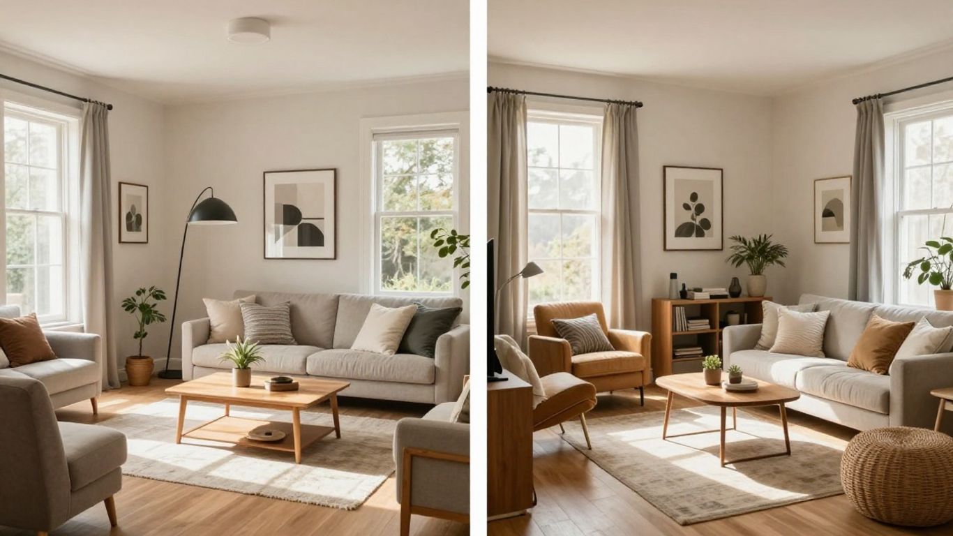 New vs. used furniture in Airbnb living rooms.
