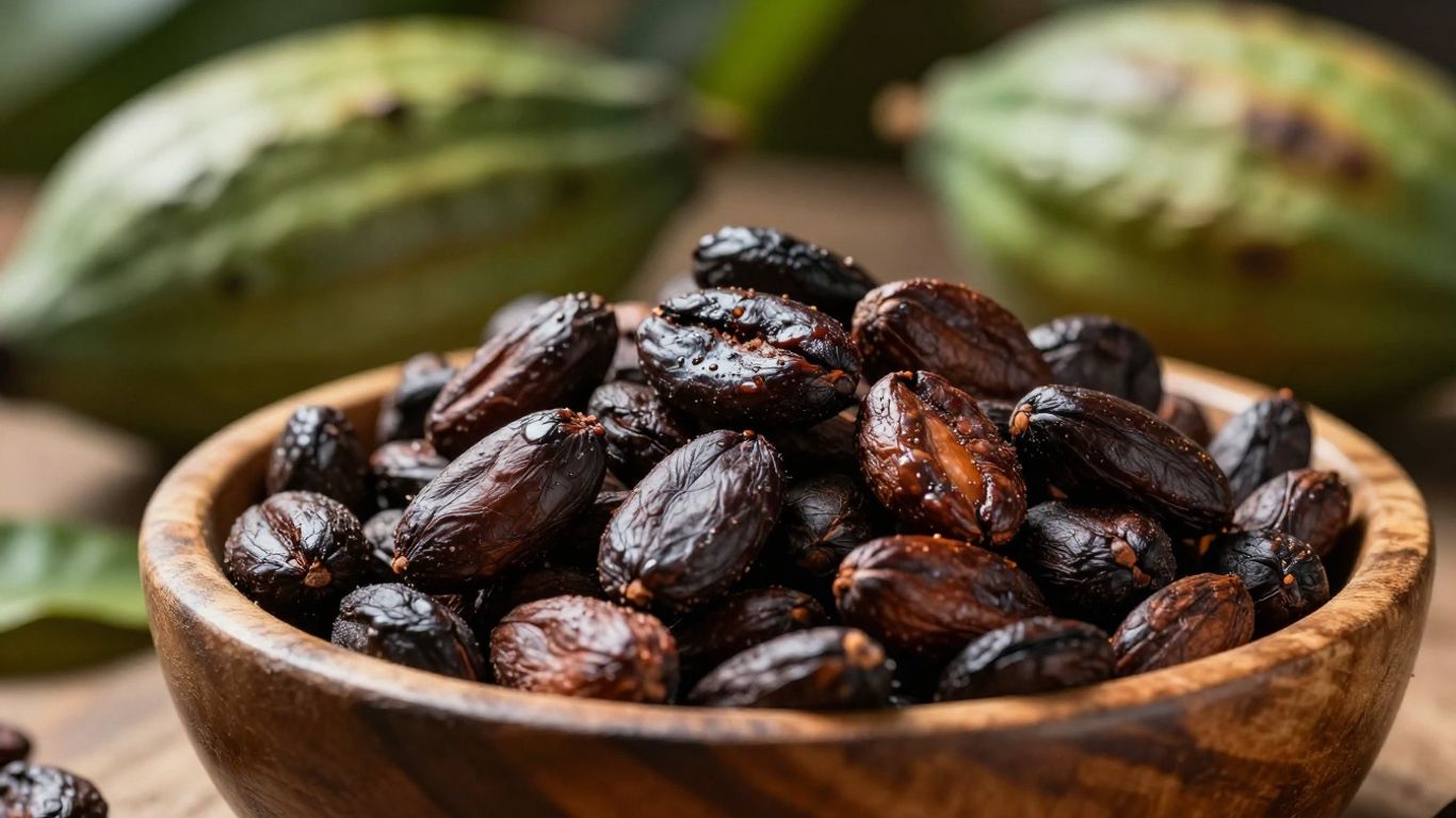 Cacao beans in a wooden bowl, Medellin, Colombia