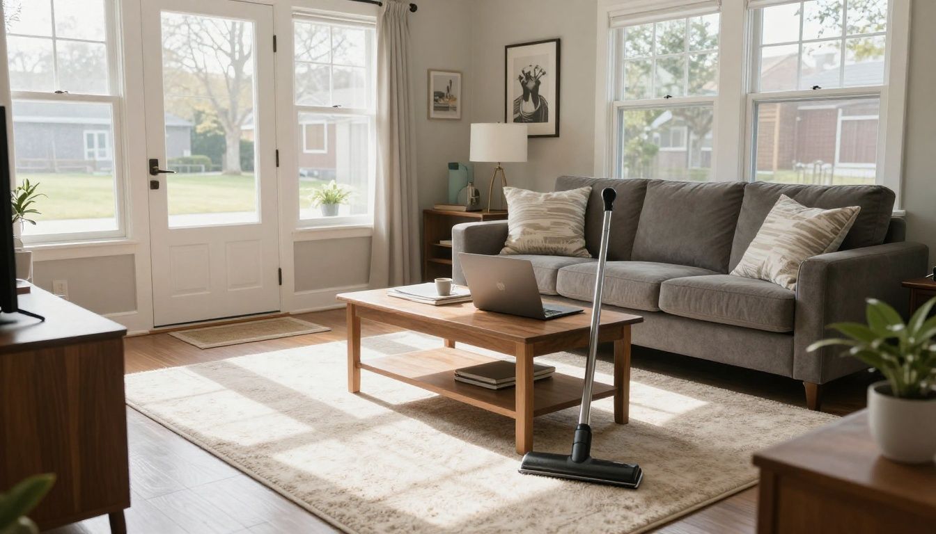 A clean and orderly living room in a Park Ridge home with bright sunlight and freshly vacuumed carpets