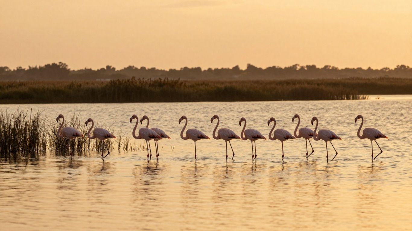 Flamingos glowing in evening Camargue light